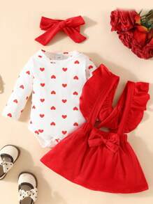 3-teiliges Valentinstag Outfit-Set für Baby Mädchen, Langarm-Bodysuit mit Herzen, Cord-Rüschen-Latzkleid und Stirnband - Weiss - Übersicht 2