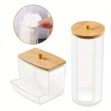 1 Pieza/3 Piezas Soporte Multifuncional Para Almohadillas Con Tapa De Bambú Para Almacenamiento En Baño - Dispensador De Acrílico, Frasco De Redondo Transparente Y Frasco De Almacenamiento De Cosméticos De Plástico - Set Organizador De Maquillaje