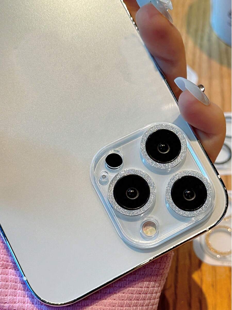 1 cái Bảo vệ ống kính máy ảnh điện thoại di động Tương thích với IPhone 11 12 15 13 14 Pro Max 12mini 13mini 15plus Vỏ máy ảnh bằng kính lấp lánh tất cả trong một - Bạc - Xem 1