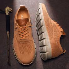 Men's Letter Design Round Shoelaces Running Sneakers, Casual Camel Color Sports Shoes