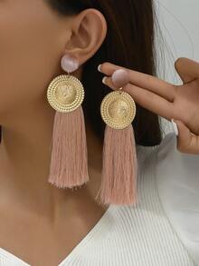 1pair Oversized Tassel Statement Earrings - Pink - View 3