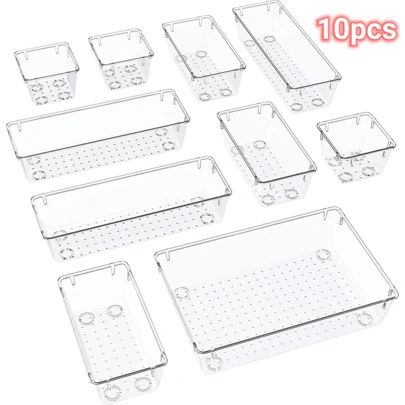 10pcs Drawer Organizer Set, Bathroom And Kitchen Drawer Cabinet Organizer Trays, Clear Storage Bins For Makeup, Jewelry, Utensils And Gadgets