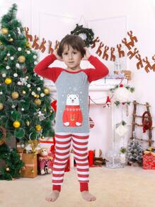 Boys 1set Cartoon Graphic Raglan Sleeve Tee & Striped Trousers Snug Fit PJ Set - Multicolor - View 4