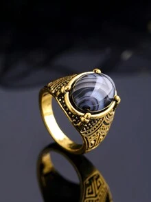 歐美時尚運動潮流男士天然黑色瑪瑙石彩色石頭復古華麗男戒