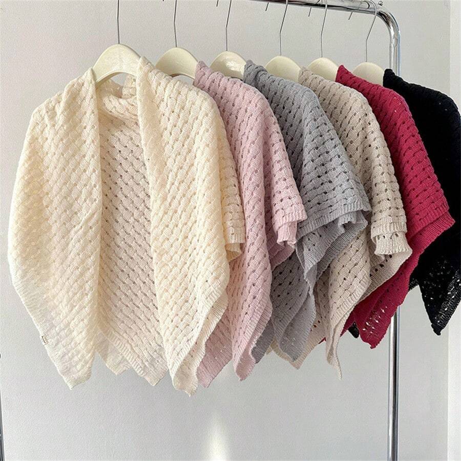 1入女士新款中空的方形包裹披肩,用於裝飾的冬季針織分裂圍巾 - 粉色 - 查看 1