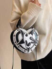 Y2K 风格心形铆钉斜挎包手提包，拼色哥特摇滚蒸汽朋克新奇五角星装饰铆钉斜挎包钱包，洛丽塔风格单肩包，适合角色扮演派对、狂欢节，完美最佳搞笑新奇和恶作剧礼物