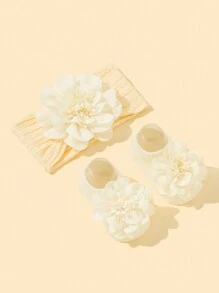 1入組可愛毛絨熊裝飾頭帶和1雙嬰兒襪子