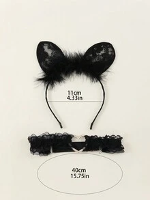 2入組女性時尚黑色蕾絲羽毛圖案貓耳髮箍&蕾絲心項鏈套裝,合適的適用於甜美風學校角色扮演,日常派對,朋克風格&情色配件