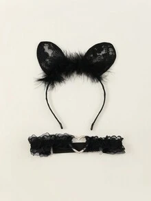 2入組女性時尚黑色蕾絲羽毛圖案貓耳髮箍&蕾絲心項鏈套裝,合適的適用於甜美風學校角色扮演,日常派對,朋克風格&情色配件