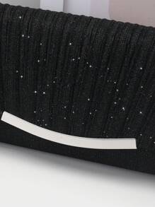 褶皺亮粉門襟金屬鏈手拿包,優雅紋理閃爍閃亮錢包,舞會晚宴黑色晚宴包 - 黑色 - 查看 5