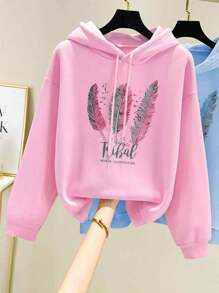 MURAMASA Capucha con estampado de letra con cordón de hombros caídos con forro térmico - Rosa - Ver 1