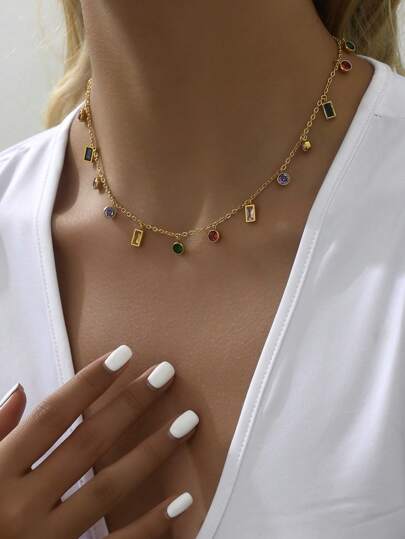 قطعة واحدة من قلادة عنق فاخرة مرصعة بالراين ستون من الفولاذ المقاوم للصدأ وألوان متعددة، قلادة عنق رقيقة وعملية للنساء