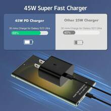 45W Type-C 充电器，超快速充电 USB C 壁式充电器块，带 6.6 英尺 Type-C 转 C 快速充电线，兼容三星 Galaxy S23 Ultra/S23/S23+/S22/S22 Ultra/S22+/Note 10/20/S20/S21/S10 Galaxy Tab S7/S8（黑色） - 黑色 - 查看 3