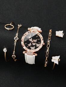 5入組流行時尚女士石英手錶,具有蝴蝶表盤和鑲有鑽石的蝴蝶皮帶,配有蝴蝶手鍊 - 白色 - 查看 2