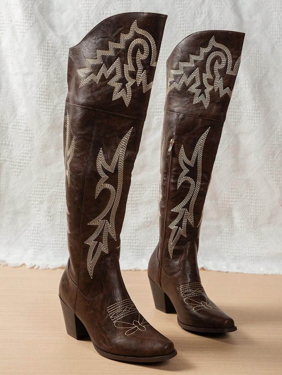 Botas Vaqueras De Invierno Para Mujer Con Tacón Alto, Tacón Grueso, Punta Cuadrada, Bordado Y Longitud Hasta La Rodilla, Marrón - Marrón - Ver 1