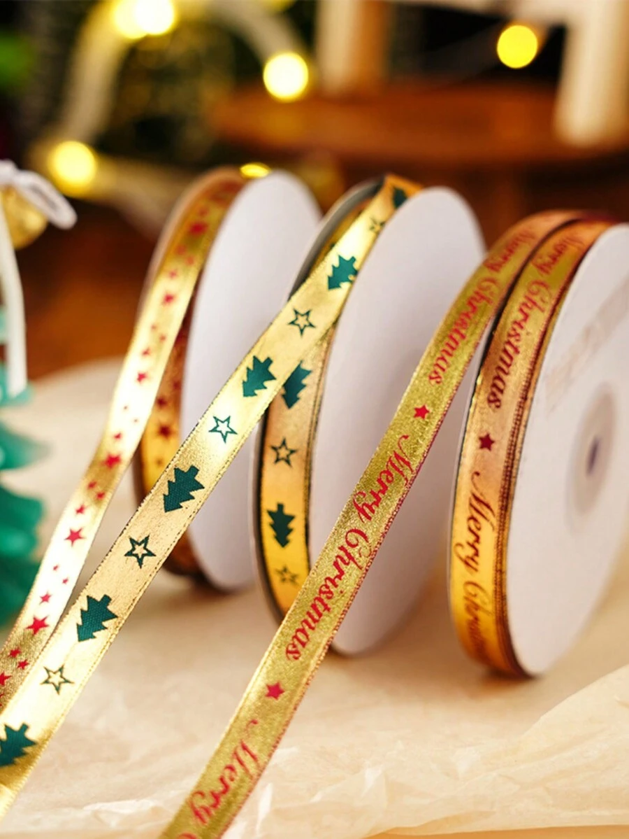 1 Roll Hot Stamping Christmas Gift Wrapping Ribbon For Gift Box, Paper Bag, Baking Package - Gold ribbon 1cm*22m - View 1