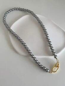 2023 New Elegant & Stylish Gray Faux Pearl Necklace For Women, Fashionable Metallic Jewelry - Grey - View 3