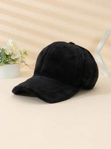 男女通用厚实保暖简约风格经典时尚百搭纯色仿貂皮大檐棒球帽，适合秋冬季日常穿着、购物和派对活动，可搭配运动衫、外套等。 - 黑色 - 查看 2