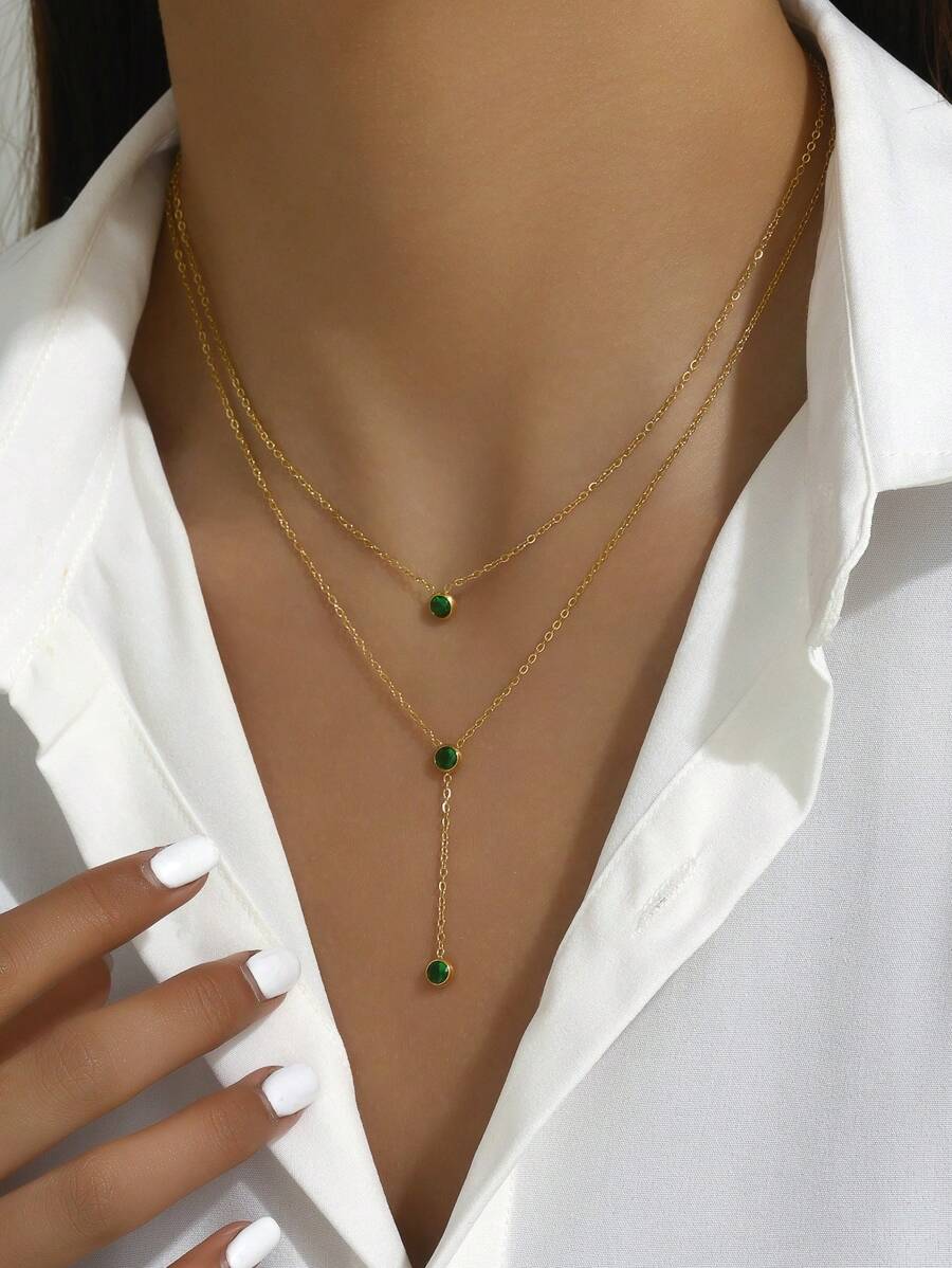 綠鋯裝飾多層 Y 型時尚不銹鋼項鍊 - 綠色 - 查看 1