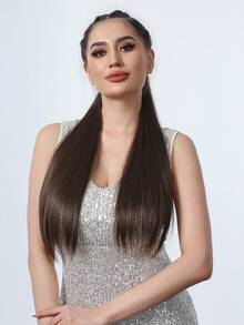 夾式高馬尾包裹式26英吋長直深棕色合成髮束 - 棕色 - 查看 5