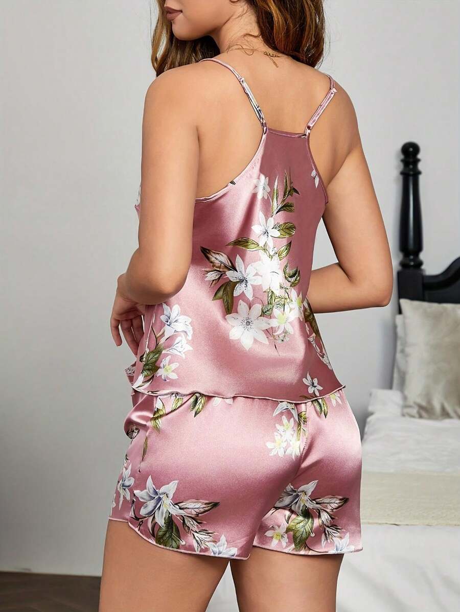 新款花卉印花粉紅性感吊帶背心和休閒短褲女冰絲睡衣套裝,夏季薄睡衣,性感家居服和休閒時尚