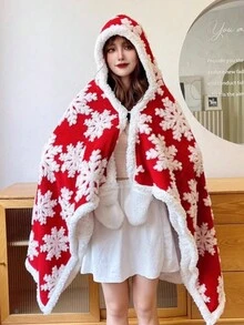 紅色聖誕雪花毛絨披肩披肩外套女,帽子、圍巾、手套一套,百搭中長款加厚連帽大衣,連帽休閒毛毯披肩披肩,珊瑚絨空調毯,冬季午睡毯,辦公室小毯子 - 紅色 - 查看 4