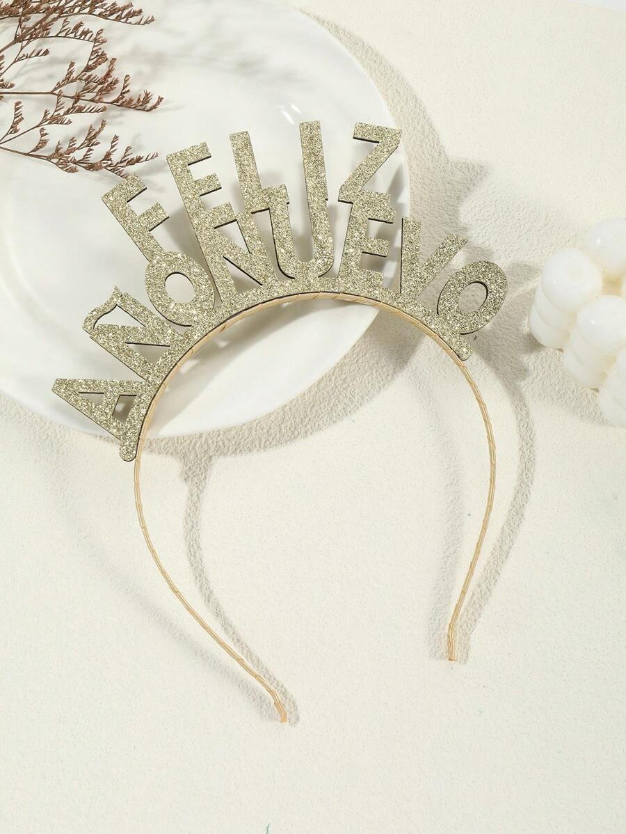 西班牙新年髮飾:黃金極簡主義雙面亮片“新年快樂”字母髮箍 1入組 - 金色 - 查看 1