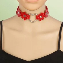 1pc Gothic Choker Collar Necklace With Pu Leather Strap And Metal Chain Design - Flower love necklace - View 9