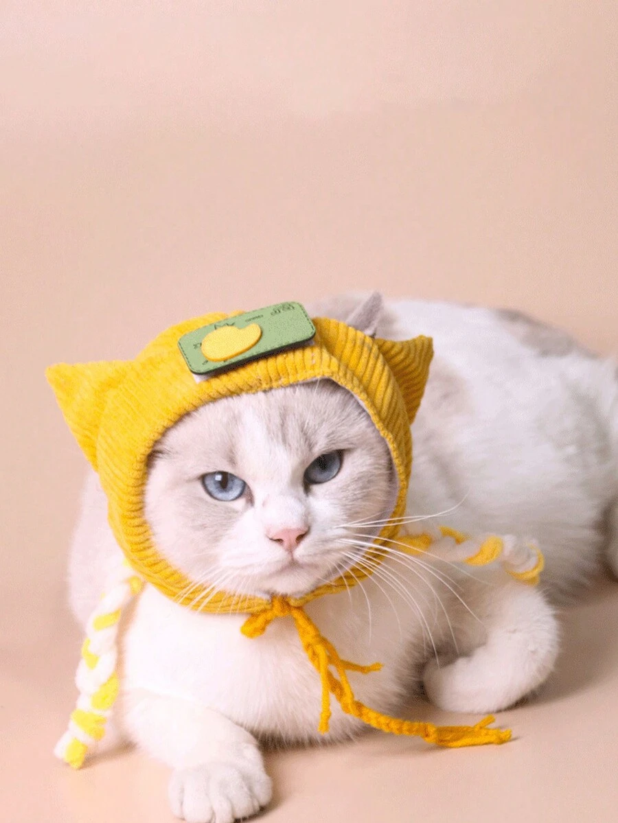 1pc Woven Rope Funny & Lovely Pet Hat With Fur Lining, Suitable For Small Dogs/cats - Yellow - View 1