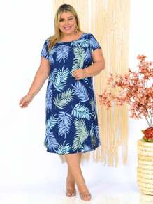 VESTIDO MIDI VISCOSE ESTAMPADA COM BOLSINHO, MANGA JAPONESA E DECOTE CANOA