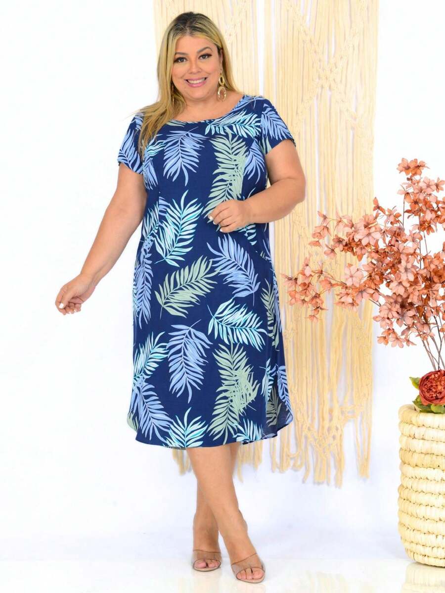 VESTIDO MIDI VISCOSE ESTAMPADA COM BOLSINHO, MANGA JAPONESA E DECOTE CANOA