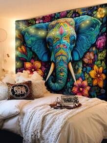 1 Stück Elefant Muster Stoff Wandteppich mit 3 Nägeln und 2 Clips zum Aufhängen, bedruckter rechteckiger Wandschmuck für Wohnzimmer, Schlafzimmer und Küche mit Vorhang, Fahne für Zimmer, Zimmer Dekoration, Wandteppich, Wandkunst, Zimmer Accessoires, Fahnen für Zimmer, Heimdekoration, Wandteppich