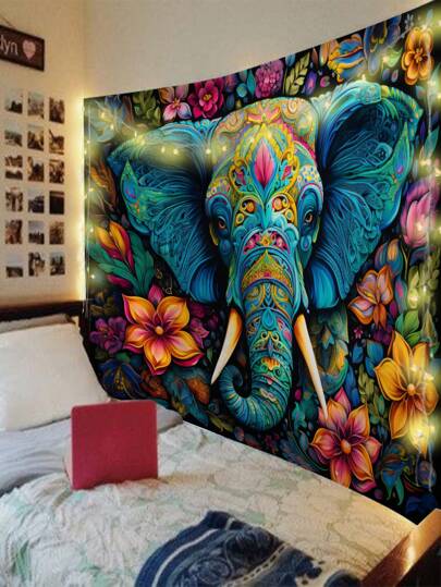 1pc Elephant Pattern Fabric Tapestry With 3 Wall Nails And 2 Clips For Hanging, Printed Rectangular Wall Decor For Living Room, Bedroom And Kitchen With Drape, Flag For Room, Room Decor, Tapestry, Wall Art ,Room Stuffs, Flags For Room, Home Decor, Tapestry, Wall Tapestry