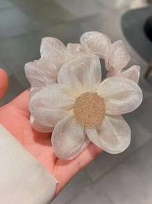 3pcs Girls' Floral Hair Accessories Set For Buns Including Beige Organza Flower Hair Elastic, Brown Flower Hair Clip, And Black Hair Tie That Are Suitable For Daily Life