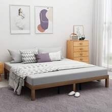 King Size Solid Wood Platform Bed, No Box Spring Needed, Strong Wood Slat Support, Easy Assembly - 米色 - 查看 3