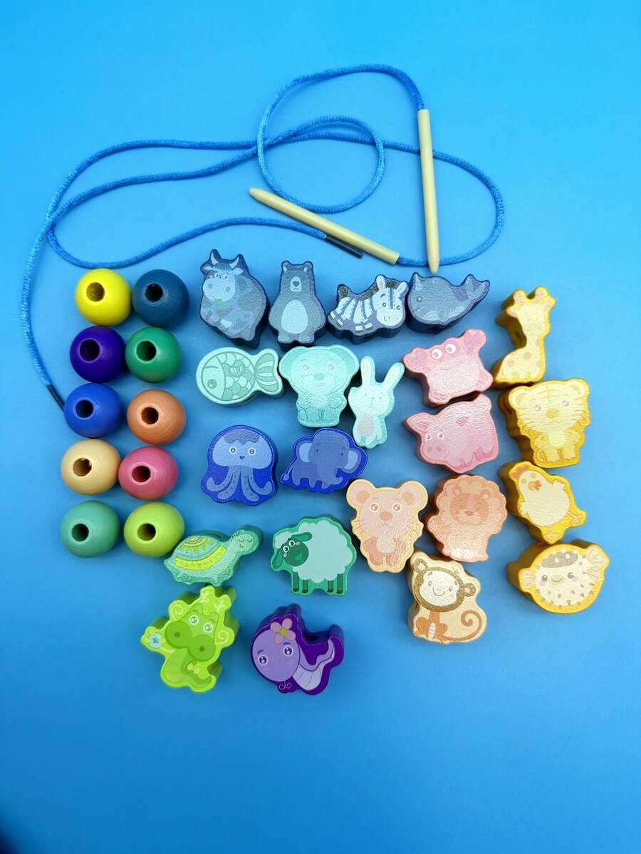 教育類編織木質動物珠子玩具,兒童啟蒙認知教具,聖誕節禮物,生日禮物