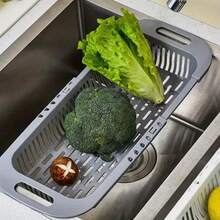 1pc Extendable Drain Basket, Plastic Rectangular Basket, Kitchen Vegetable And Dish Washing Strainer And Storage - Grey - View 3