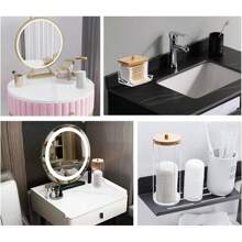 1 Pieza/3 Piezas Soporte Multifuncional Para Almohadillas Con Tapa De Bambú Para Almacenamiento En Baño - Dispensador De Acrílico, Frasco De Redondo Transparente Y Frasco De Almacenamiento De Cosméticos De Plástico - Set Organizador De Maquillaje