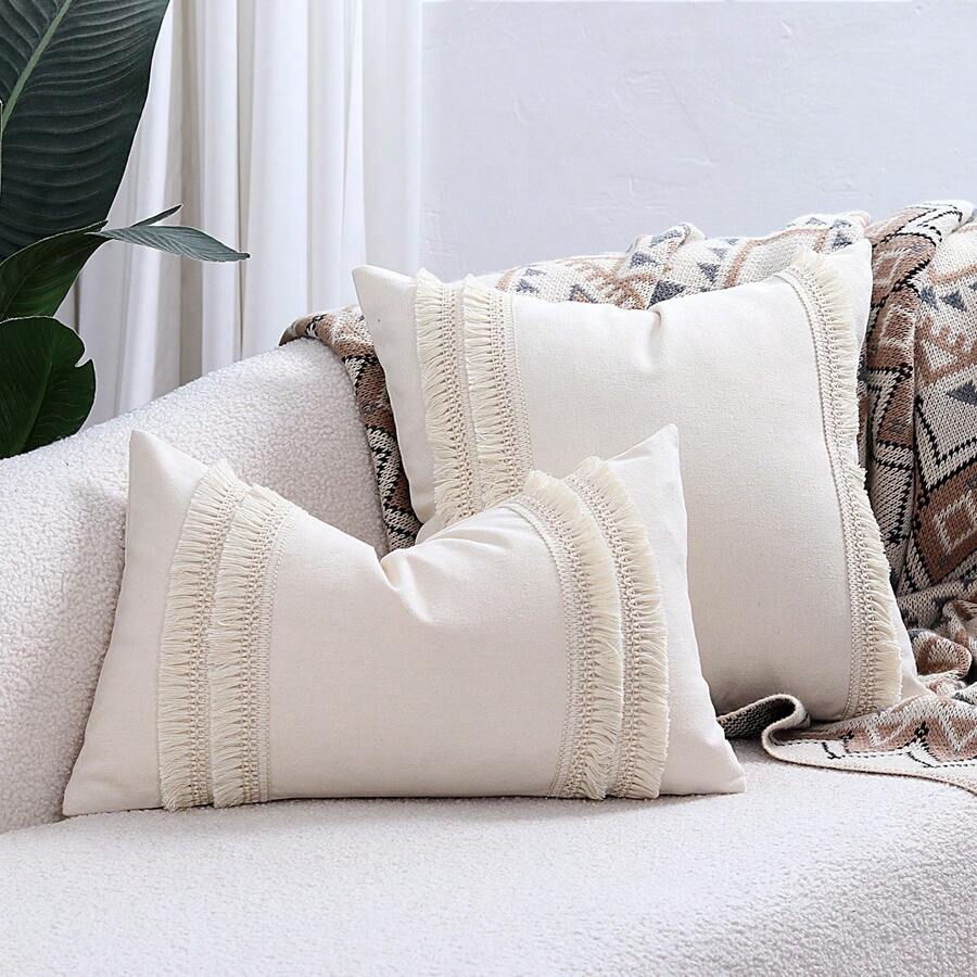 1 件米色帆布花边流苏靠垫套 - 米色 - 查看 1