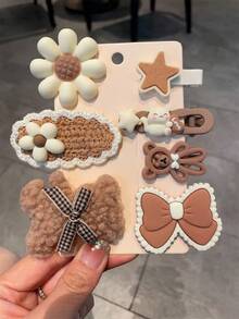 7pcs/set Ladies' Plush Bear & Rabbit Hair Clips With Fabric Flower Detail, Non-damaging Hair Accessories For Daily Use In Fall And Winter - Coffee - View 2
