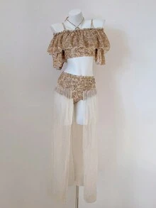 Set da 3 pezzi di costumi da bagno per donna, costume da bagno con gonna rimovibile, spalle scoperte e rifiniture arricciate, adatto per spiaggia, viaggio e spa estiva