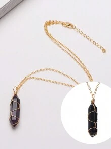 1pc Fashionable Hexagonal Column Crystal Necklace, Natural Stone Handmade Copper Wire Wrapped Pendant, Amethyst & Tiger's Eye Jewelry Necklace