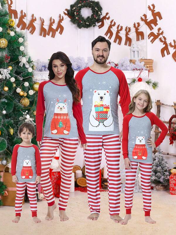 2pcs Christmas Family Matched Young Boy Pajamas, Cute Polar Bear Stripe Printed Long Sleeve Top With Long Pants, Holiday Leisure Snug Fit Sleepwear Set