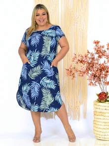 VESTIDO MIDI VISCOSE ESTAMPADA COM BOLSINHO, MANGA JAPONESA E DECOTE CANOA