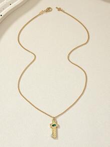 European And American Minimalist Style Emerald Colored Stone Inlay Cross Pendant Necklace - Yellow Gold - View 2