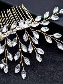 1款女性金色鑽石新娘頭飾套裝,含耳環,適用於婚禮、派對、宴會,優雅大方 - 金色 - 查看 6