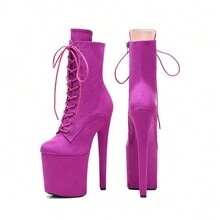 1雙8英寸/20厘米紫色絨面pu皮革高跟平臺踝靴,帶綁帶設計,適用於女士時裝展和舞蹈表演 - 紫色 - 查看 4