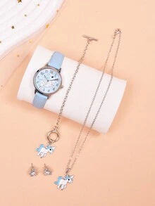 5 cái/bộ Xanh Kỳ lân Chủ đề Học sinh Thạch anh Đồng hồ đeo tay Dành cho Cô gái Với Phù hợp Dây chuyền , Hoa tai , Vòng tay - Màu xanh lam - Xem 3