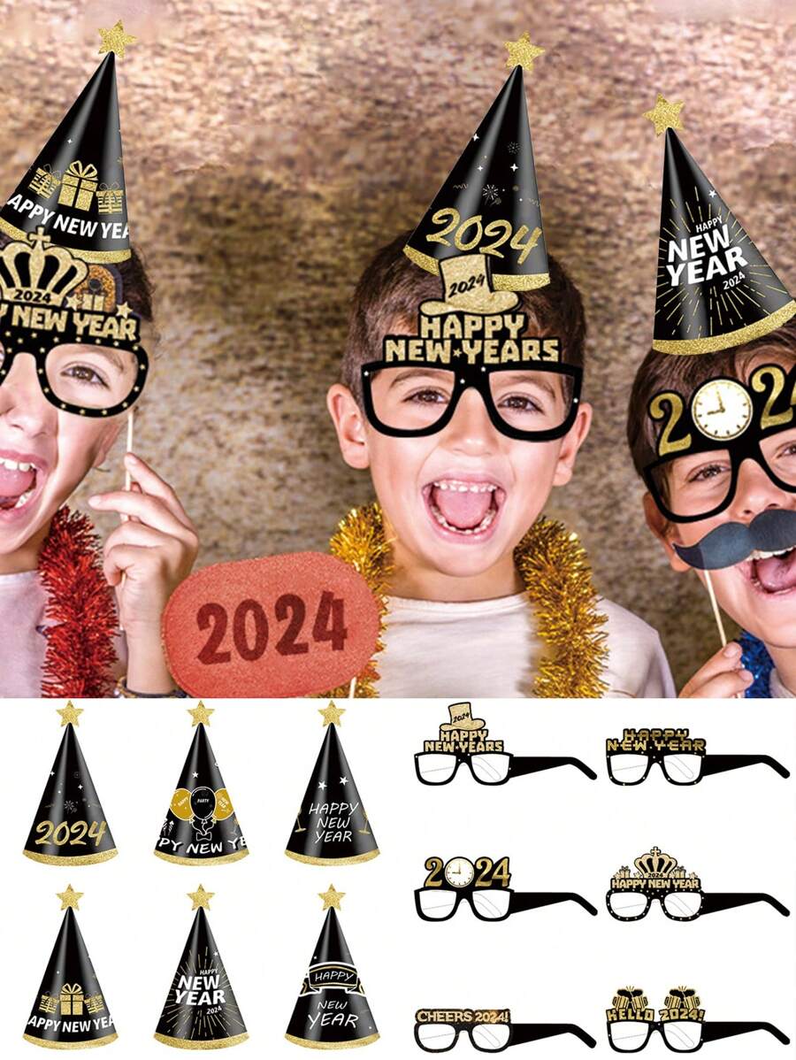 6入組2024年新年快樂眼鏡帽子,閃亮的新年派對紙帽眼鏡照片道具慶祝好禮,在新年除夕派對裝飾中必備 - 黑色 - 查看 1