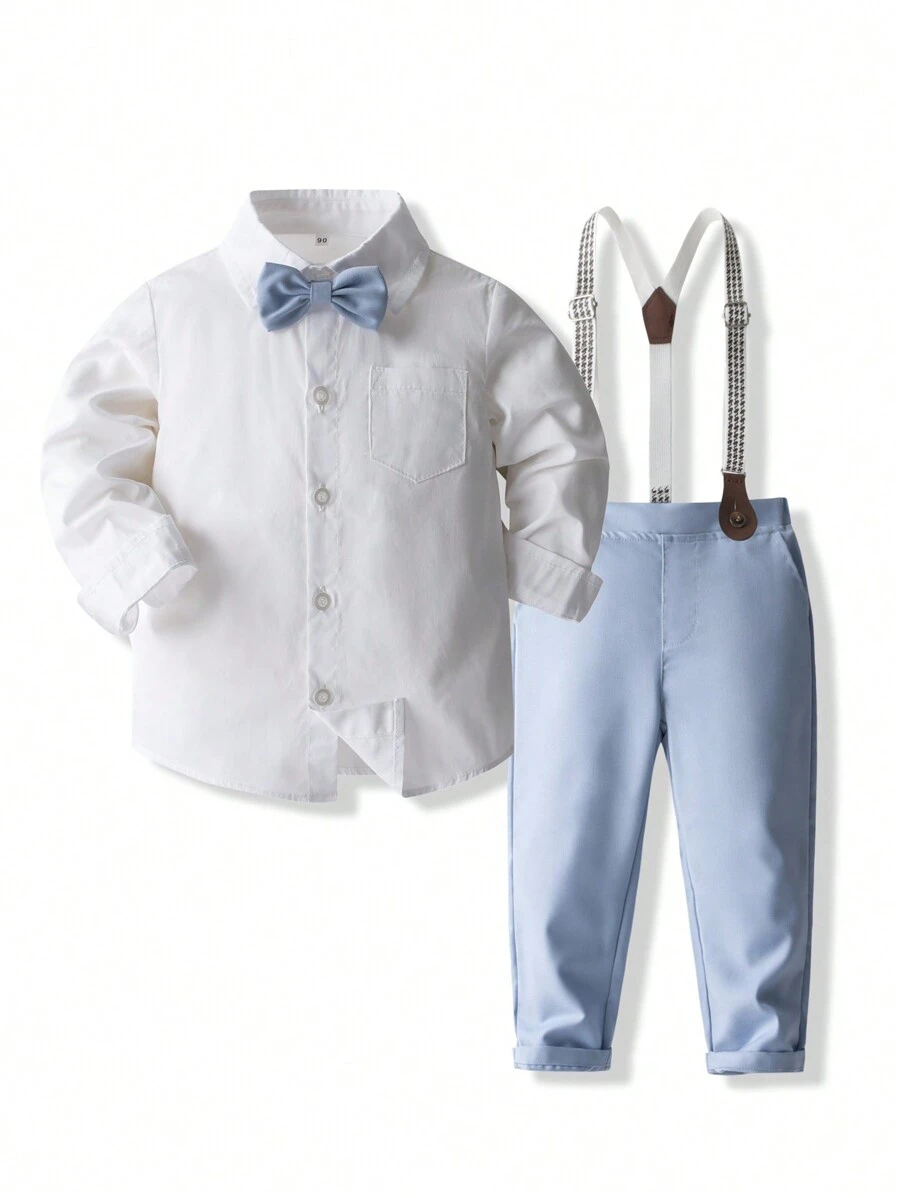 KIMOCAT 男童吊帶服兒童春秋休閒表演服裝時尚洋裝套裝幼兒 - 藍色 - 查看 1